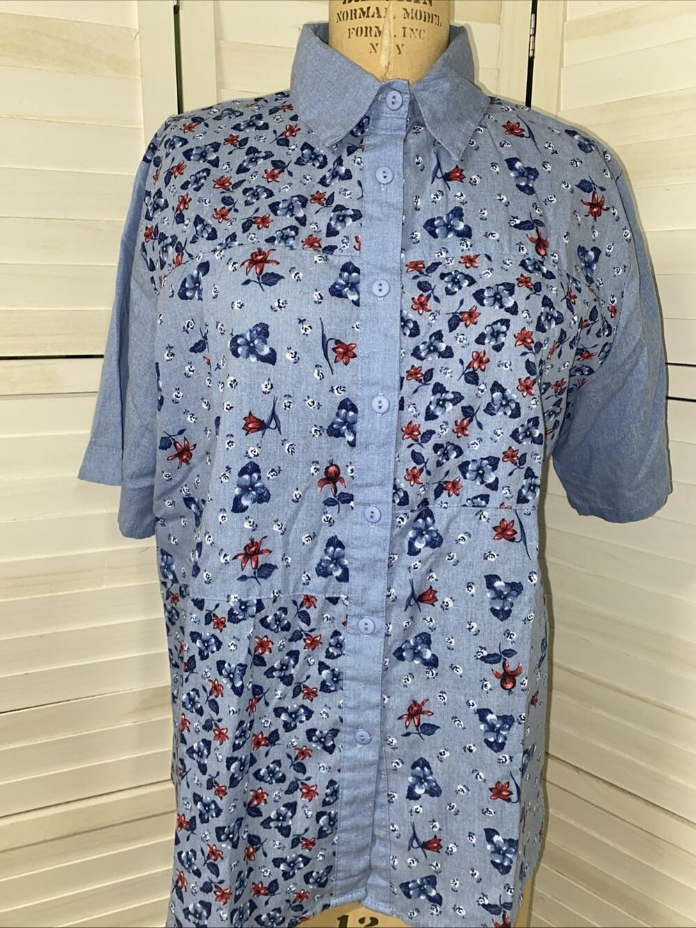 Vintage 80s Tapestry Prairie Cottagecore Button Up Blue Shirt Sz Large USA